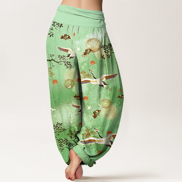Buddha Stones Pantalones harén de algodón con cintura elástica para mujer, diseño tradicional de grulla, pino, pájaro, abanico y sol - image 6