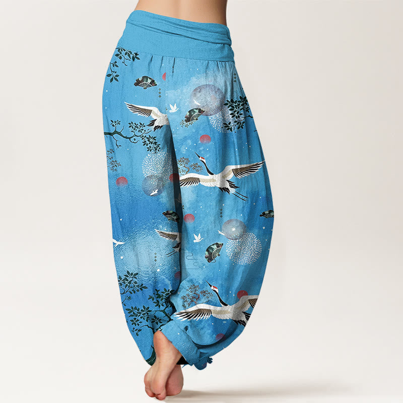 Buddha Stones Pantalones harén de algodón con cintura elástica para mujer, diseño tradicional de grulla, pino, pájaro, abanico y sol - image 9
