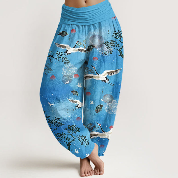 Buddha Stones Pantalones harén de algodón con cintura elástica para mujer, diseño tradicional de grulla, pino, pájaro, abanico y sol - DodgerBlue - US16，UK/AU20，EU48 (3XL) - image 8