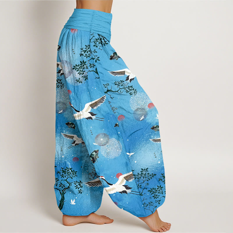 Buddha Stones Pantalones harén de algodón con cintura elástica para mujer, diseño tradicional de grulla, pino, pájaro, abanico y sol - image 10