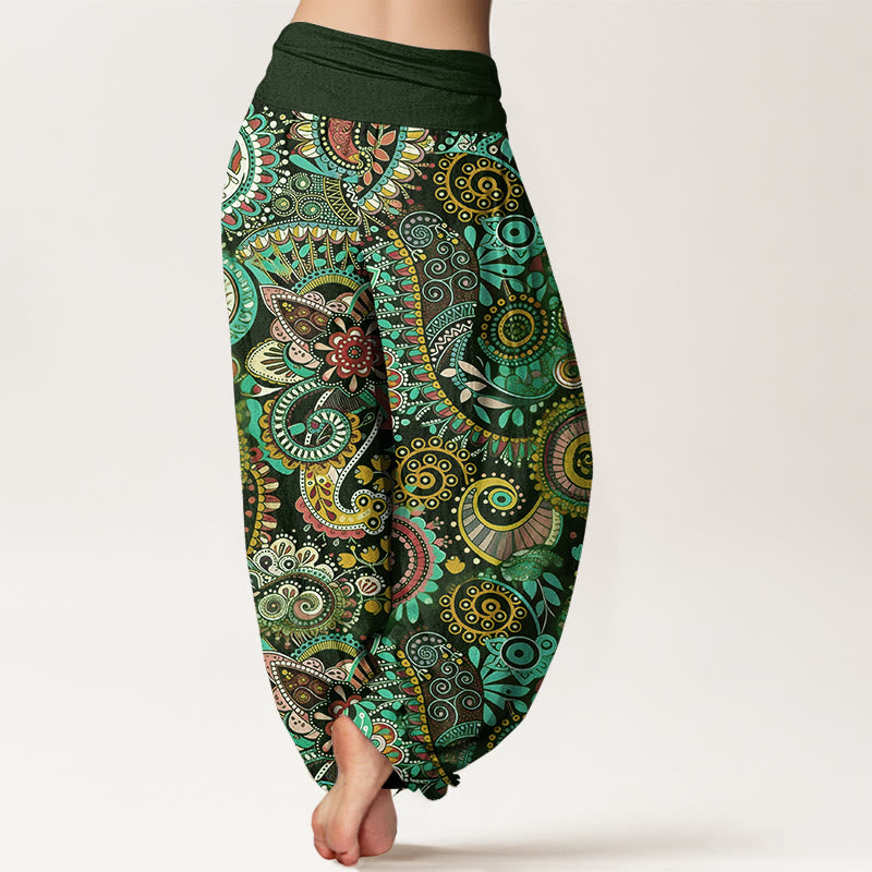 Buddha Stones Pantalones harén de algodón con estampado paisley tradicional para mujer, cintura elástica - image 6