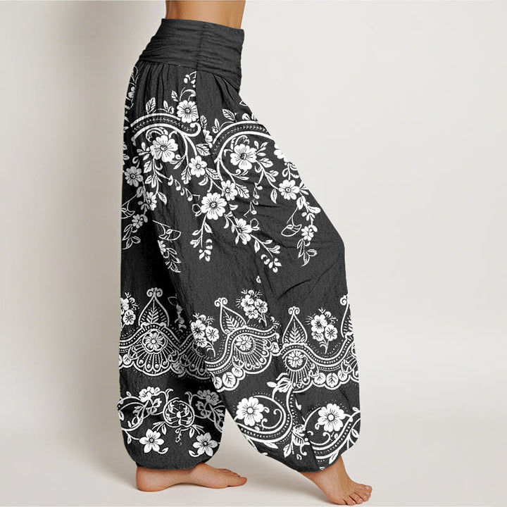 Buddha Stones Pantalones harén de algodón con estampado tradicional de flores y hojas de parra para mujer, cintura elástica - image 2