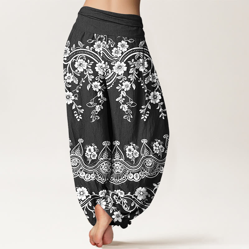 Buddha Stones Pantalones harén de algodón con estampado tradicional de flores y hojas de parra para mujer, cintura elástica - image 1