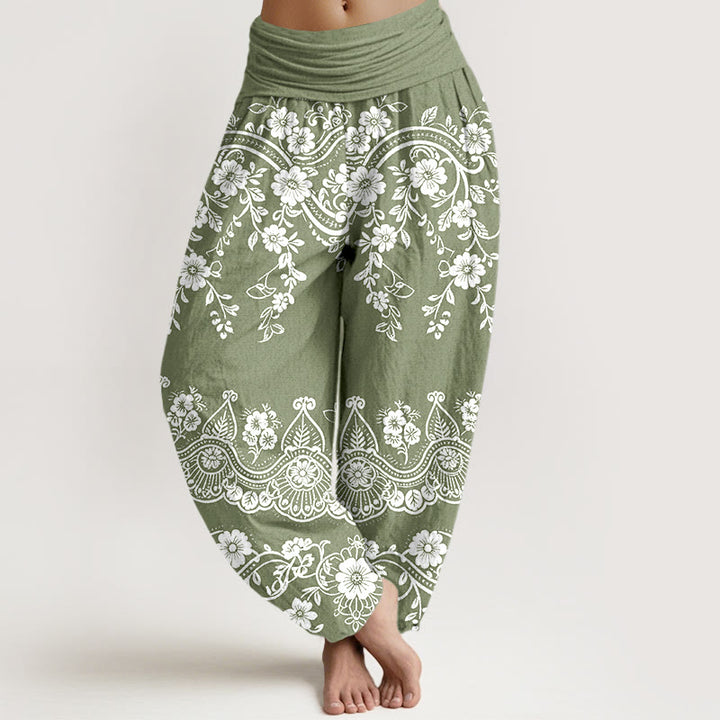 Buddha Stones Pantalones harén de algodón con estampado tradicional de flores y hojas de parra para mujer, cintura elástica - Verde mar oscuro - US16，UK/AU20，EU48 (3XL) - image 5