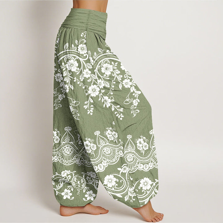 Buddha Stones Pantalones harén de algodón con estampado tradicional de flores y hojas de parra para mujer, cintura elástica - image 7