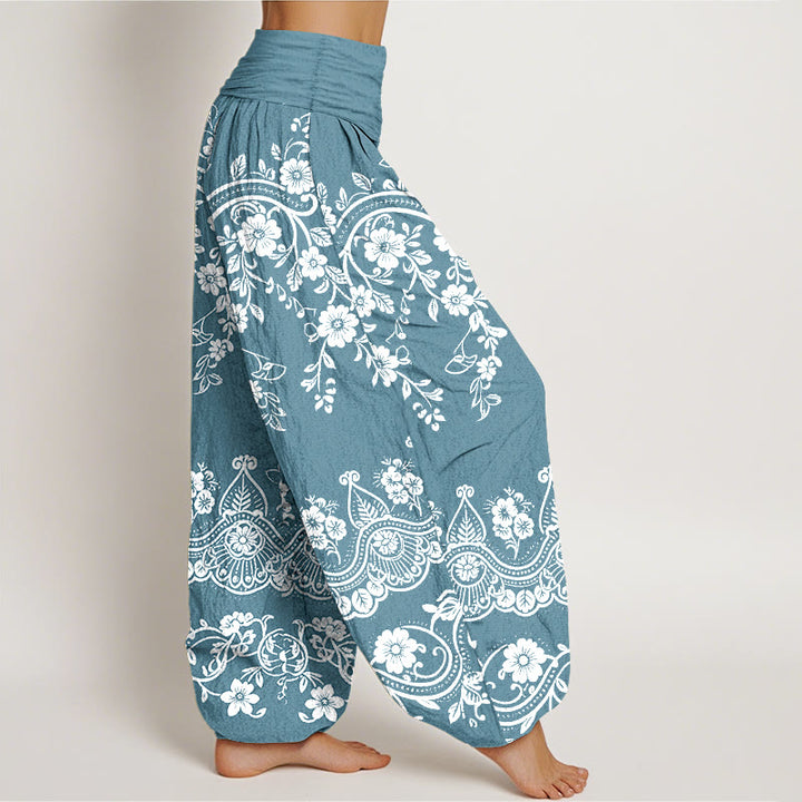Buddha Stones Pantalones harén de algodón con estampado tradicional de flores y hojas de parra para mujer, cintura elástica - image 10