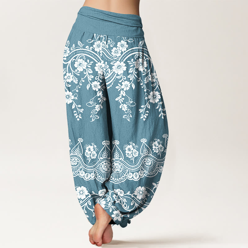 Buddha Stones Pantalones harén de algodón con estampado tradicional de flores y hojas de parra para mujer, cintura elástica - image 9