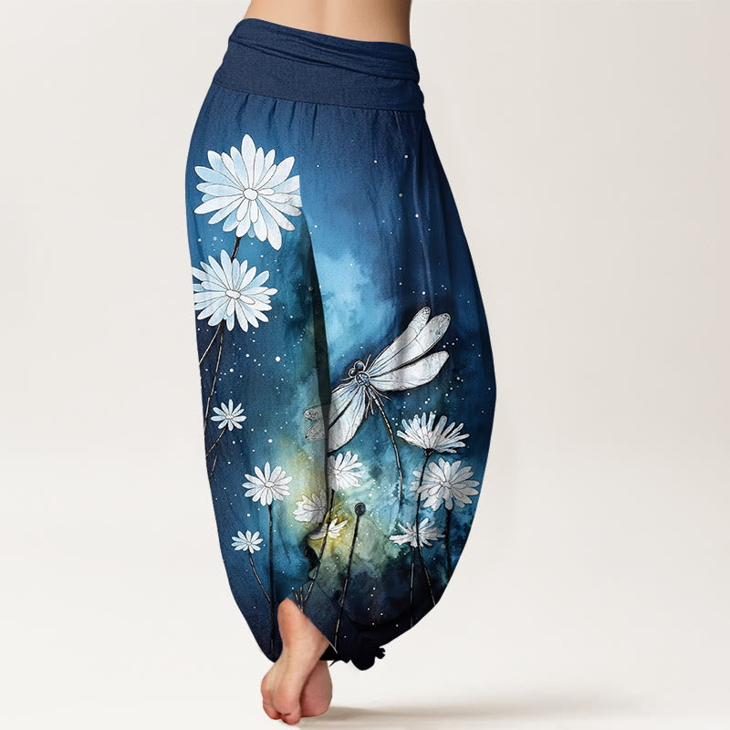 Buddha Stones Pantalones harén de algodón con estampado de libélula y margaritas de ensueño para mujer con cintura elástica - image 1