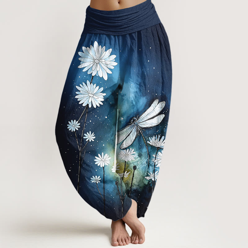 Buddha Stones Pantalones harén de algodón con estampado de libélula y margaritas de ensueño para mujer con cintura elástica - Azul oscuro - US16，UK/AU20，EU48 (3XL) - image 0