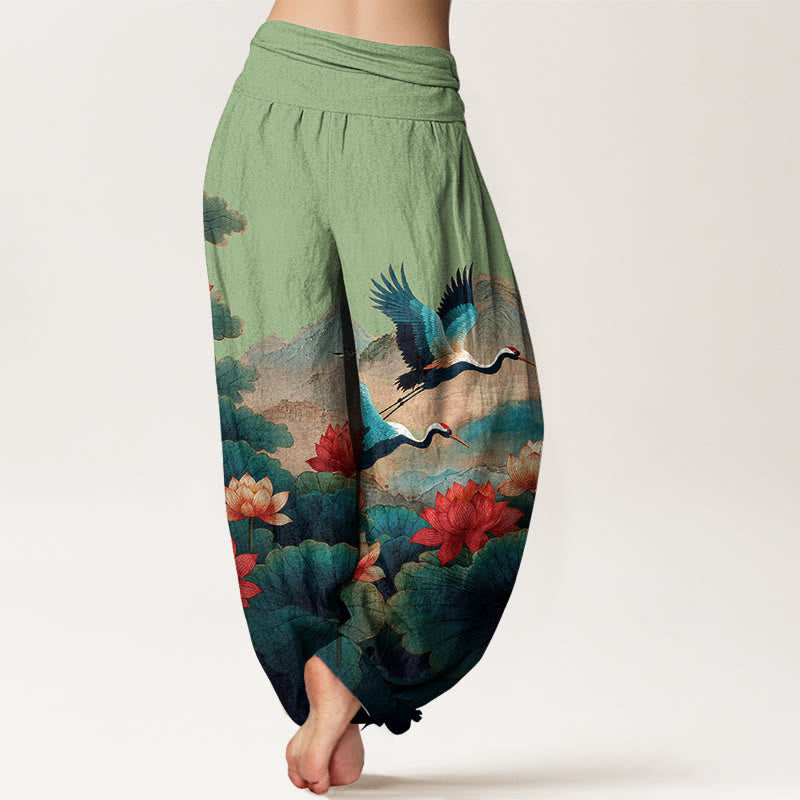 Buddha Stones Pantalones harén de algodón con estampado clásico de flor de loto, hoja, grulla y montaña para mujer, cintura elástica - image 1