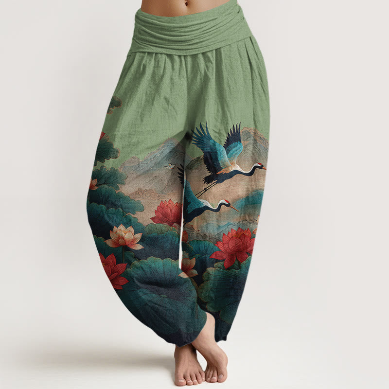 Buddha Stones Pantalones harén de algodón con estampado clásico de flor de loto, hoja, grulla y montaña para mujer, cintura elástica - Verde mar medio - US16，UK/AU20，EU48 (3XL) - image 0
