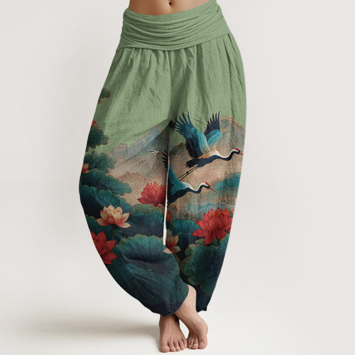 Buddha Stones Pantalones harén de algodón con estampado clásico de flor de loto, hoja, grulla y montaña para mujer, cintura elástica - Verde mar medio - US16，UK/AU20，EU48 (3XL) - image 0