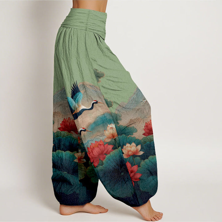 Buddha Stones Pantalones harén de algodón con estampado clásico de flor de loto, hoja, grulla y montaña para mujer, cintura elástica - image 2