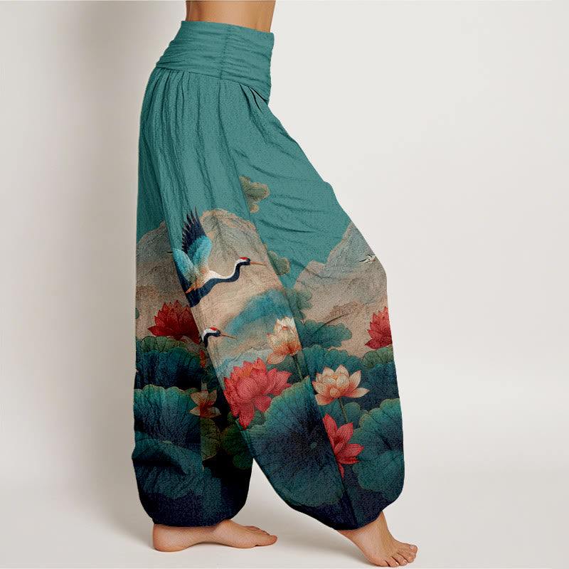 Buddha Stones Pantalones harén de algodón con estampado clásico de flor de loto, hoja, grulla y montaña para mujer, cintura elástica - image 7