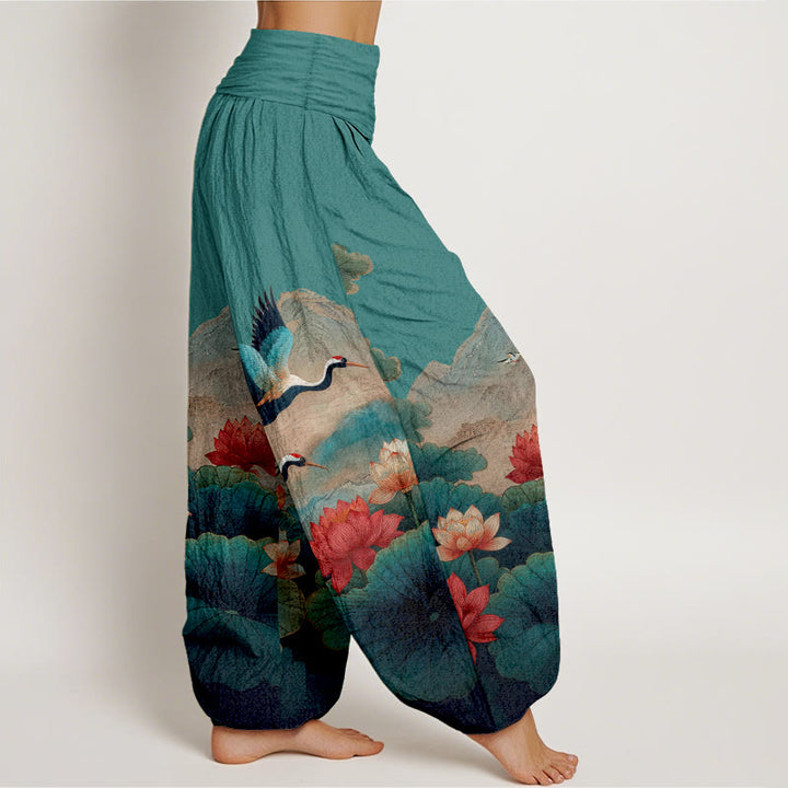 Buddha Stones Pantalones harén de algodón con estampado clásico de flor de loto, hoja, grulla y montaña para mujer, cintura elástica - image 7