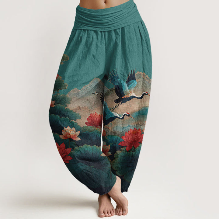 Buddha Stones Pantalones harén de algodón con estampado clásico de flor de loto, hoja, grulla y montaña para mujer, cintura elástica - Verde azulado - US16，UK/AU20，EU48 (3XL) - image 5