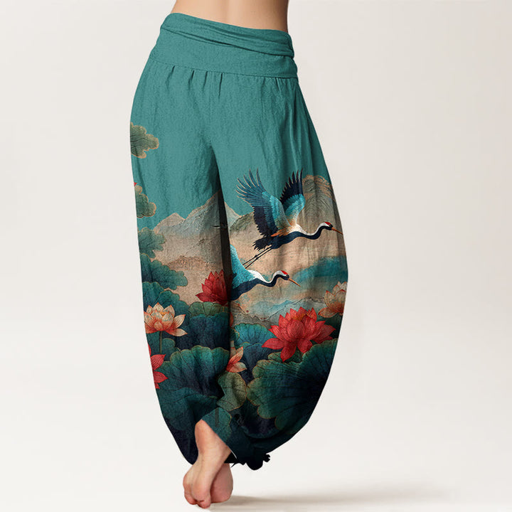 Buddha Stones Pantalones harén de algodón con estampado clásico de flor de loto, hoja, grulla y montaña para mujer, cintura elástica - image 6