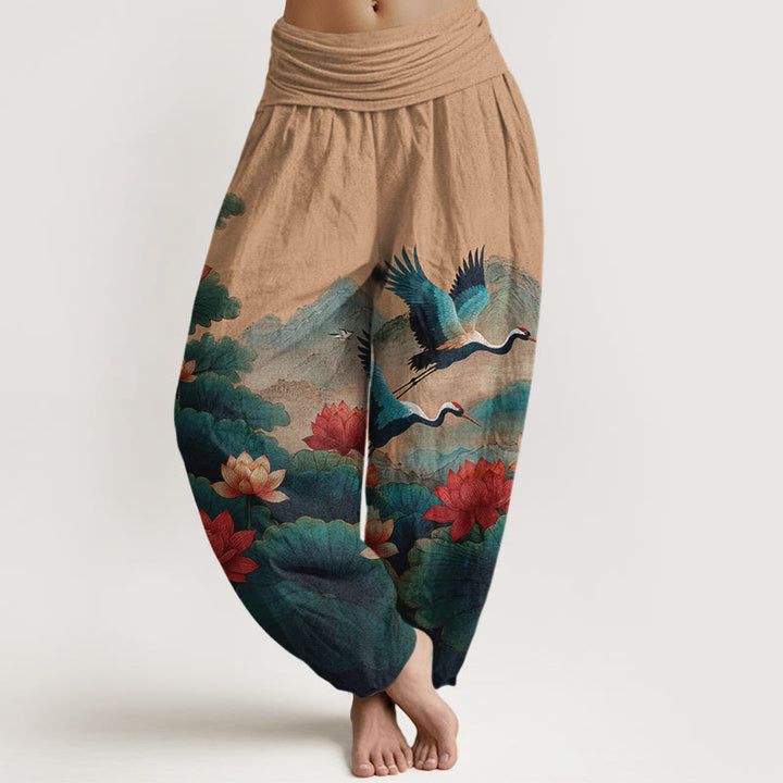 Buddha Stones Pantalones harén de algodón con estampado clásico de flor de loto, hoja, grulla y montaña para mujer, cintura elástica - SandyBrown - US16，UK/AU20，EU48 (3XL) - image 8