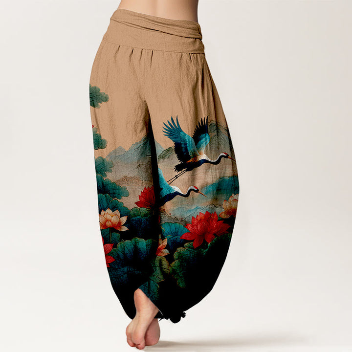 Buddha Stones Pantalones harén de algodón con estampado clásico de flor de loto, hoja, grulla y montaña para mujer, cintura elástica - image 9
