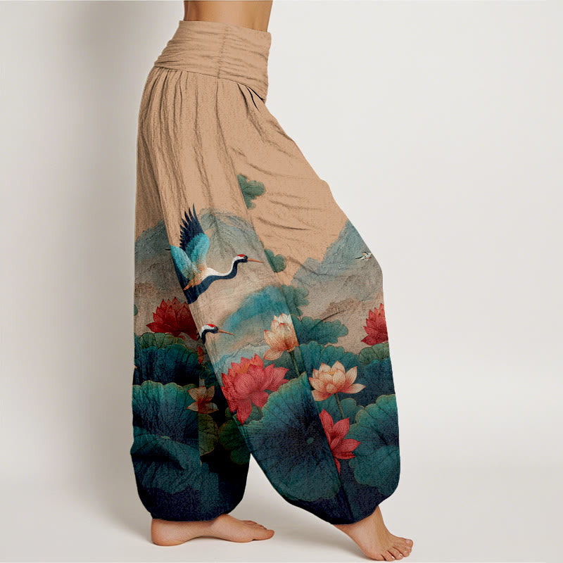 Buddha Stones Pantalones harén de algodón con estampado clásico de flor de loto, hoja, grulla y montaña para mujer, cintura elástica - image 10