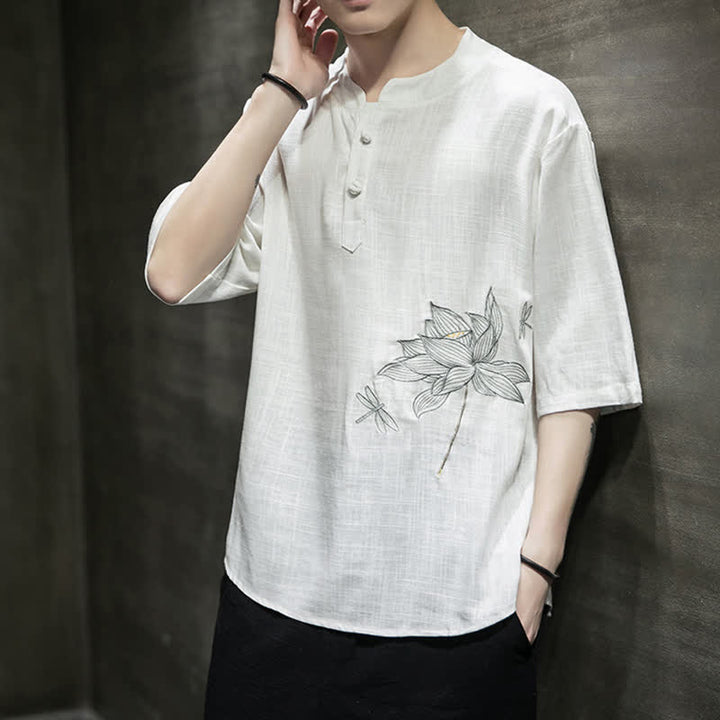 Buddha Stones Camiseta de manga corta para hombre con estampado de libélula de loto bordada de verano y botones de rana china - image 16