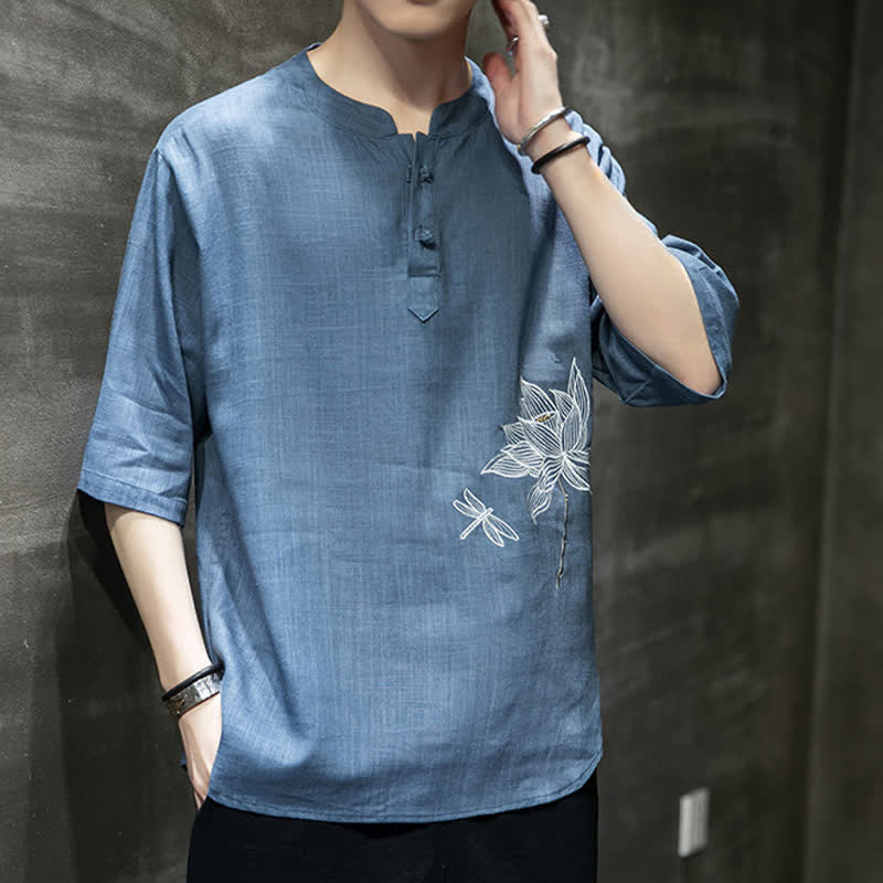 Buddha Stones Camiseta de manga corta para hombre con estampado de libélula de loto bordada de verano y botones de rana china - image 24