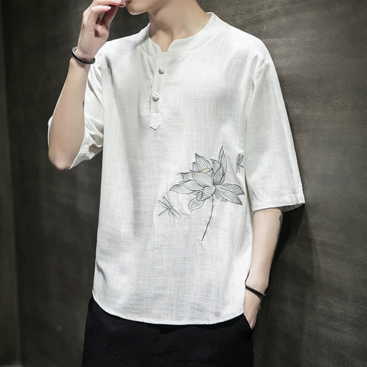 Buddha Stones Camiseta de manga corta para hombre con estampado de libélula de loto bordada de verano y botones de rana china - image 15