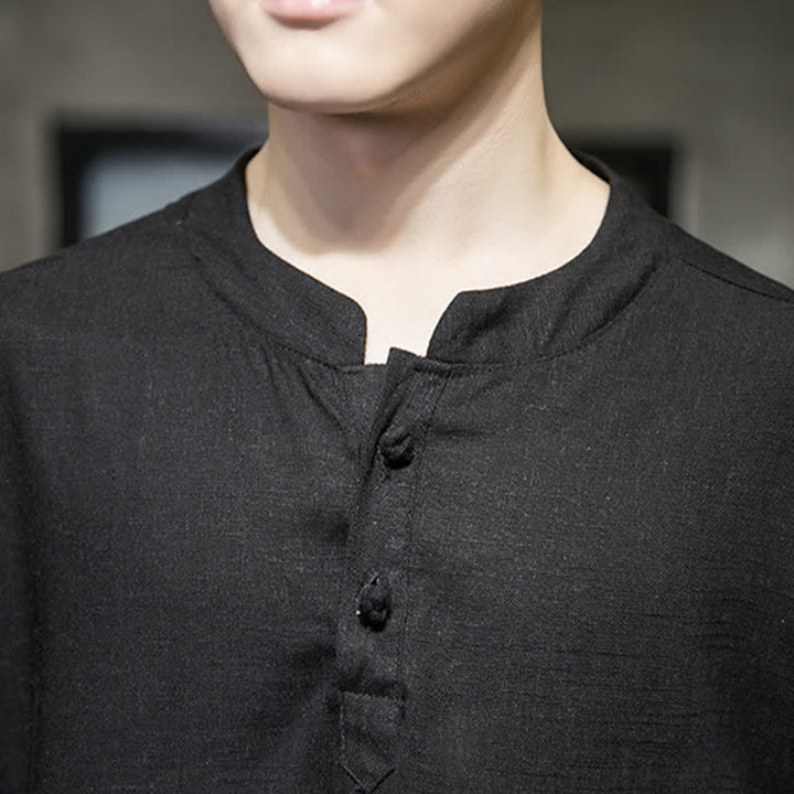 Buddha Stones Camiseta de manga corta para hombre con estampado de libélula de loto bordada de verano y botones de rana china - image 6