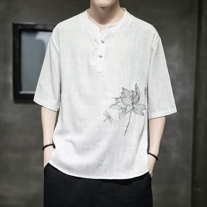 Buddha Stones Camiseta de manga corta para hombre con estampado de libélula de loto bordada de verano y botones de rana china - image 12