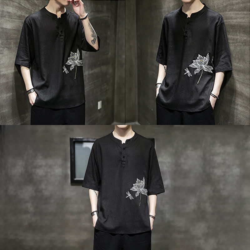 Buddha Stones Camiseta de manga corta para hombre con estampado de libélula de loto bordada de verano y botones de rana china - image 9