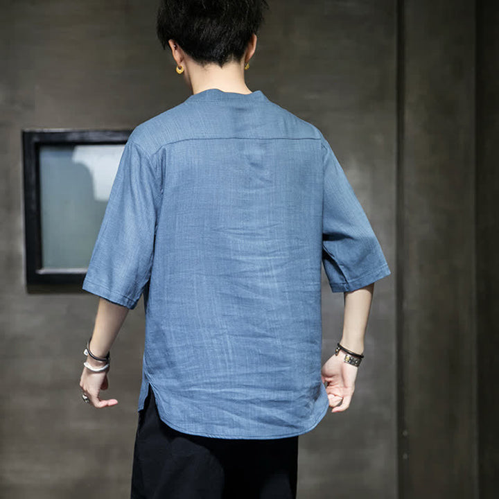 Buddha Stones Camiseta de manga corta para hombre con estampado de libélula de loto bordada de verano y botones de rana china - image 22