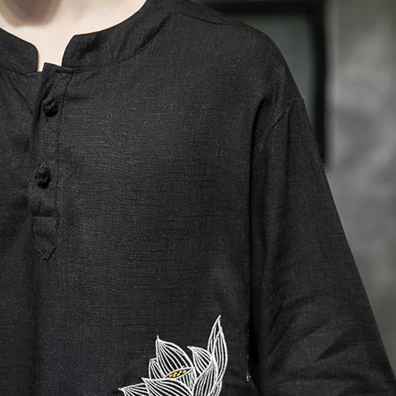 Buddha Stones Camiseta de manga corta para hombre con estampado de libélula de loto bordada de verano y botones de rana china - image 7