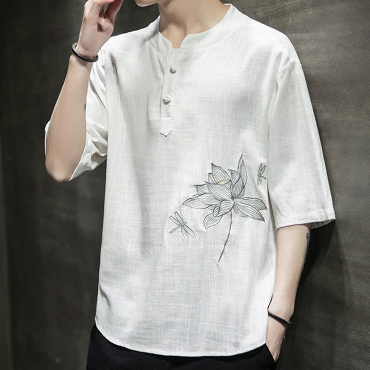 Buddha Stones Camiseta de manga corta para hombre con estampado de libélula de loto bordada de verano y botones de rana china - image 14