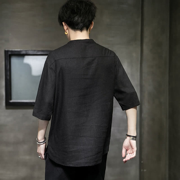 Buddha Stones Camiseta de manga corta para hombre con estampado de libélula de loto bordada de verano y botones de rana china - image 2