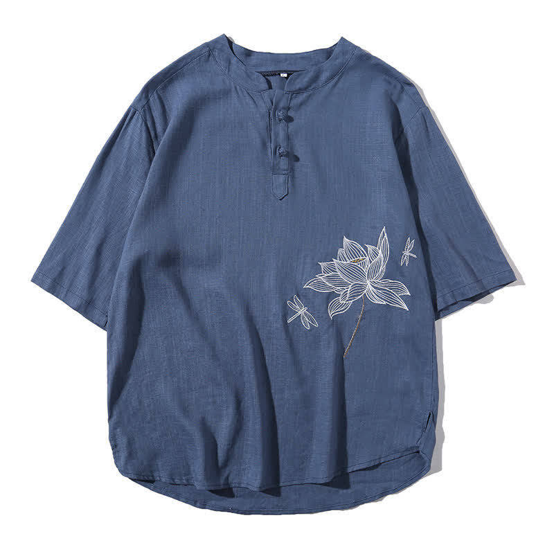 Buddha Stones Camiseta de manga corta para hombre con estampado de libélula de loto bordada de verano y botones de rana china - image 26