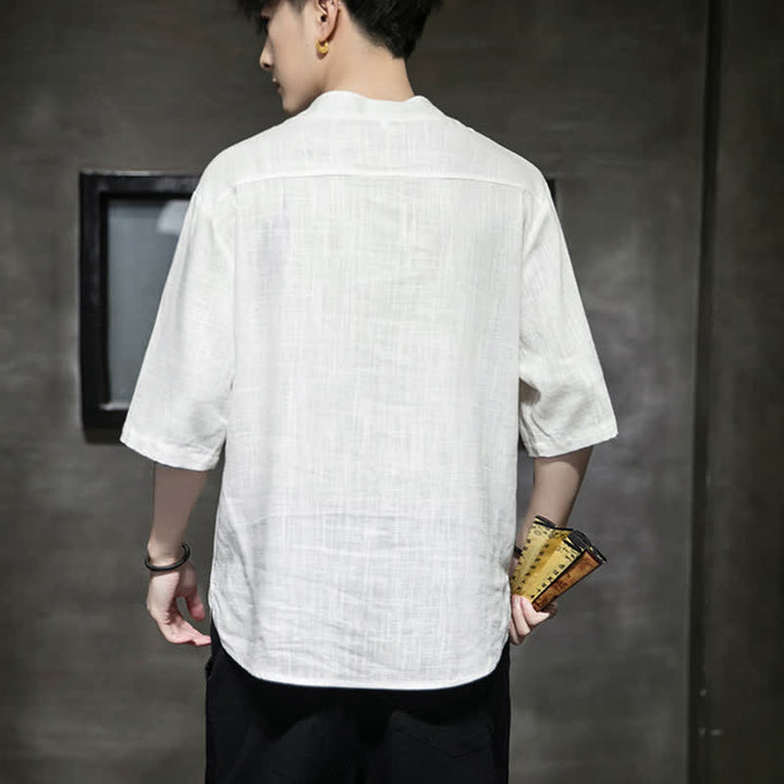 Buddha Stones Camiseta de manga corta para hombre con estampado de libélula de loto bordada de verano y botones de rana china - image 13