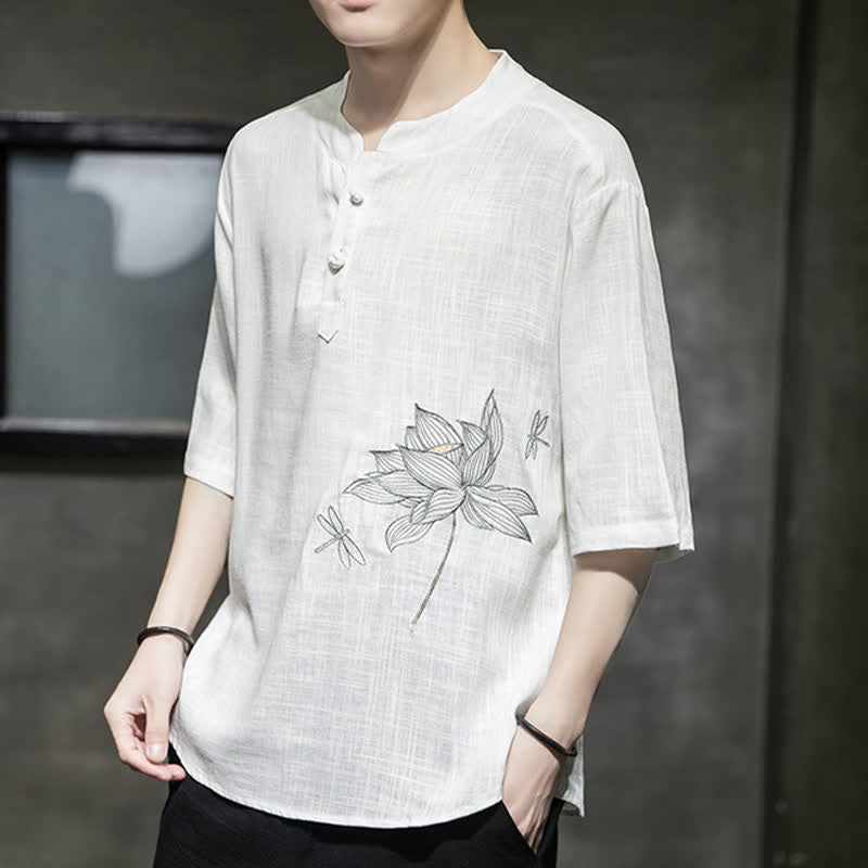 Buddha Stones Camiseta de manga corta para hombre con estampado de libélula de loto bordada de verano y botones de rana china - image 11