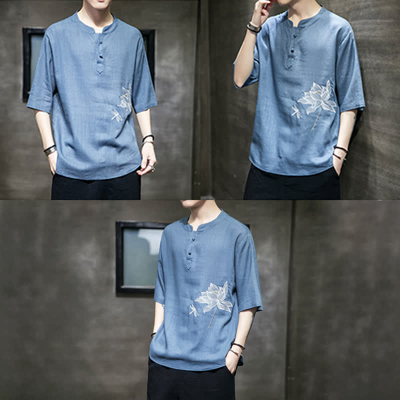 Buddha Stones Camiseta de manga corta para hombre con estampado de libélula de loto bordada de verano y botones de rana china - image 25