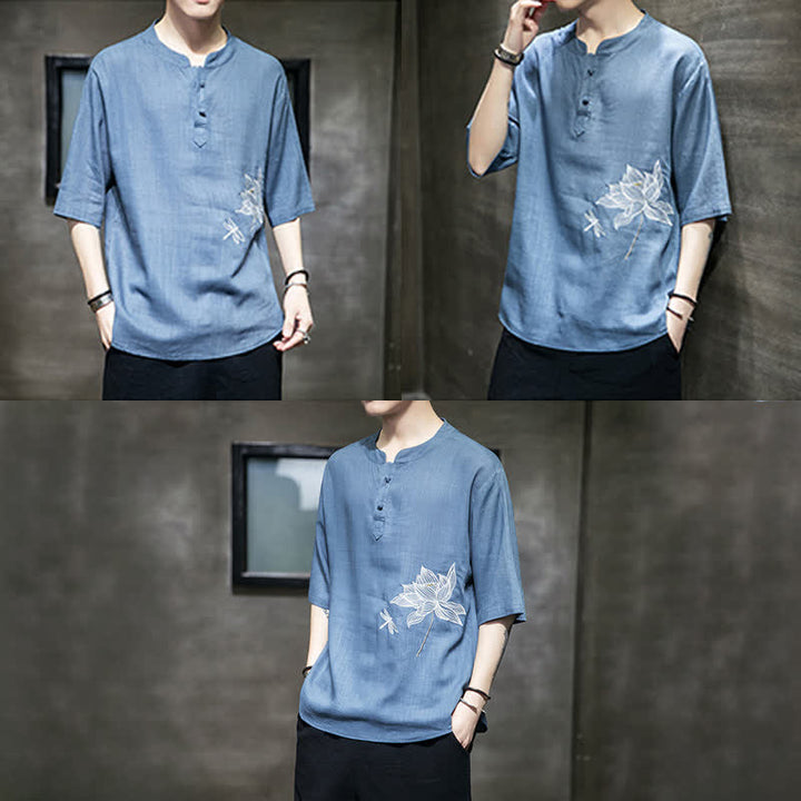 Buddha Stones Camiseta de manga corta para hombre con estampado de libélula de loto bordada de verano y botones de rana china - image 25