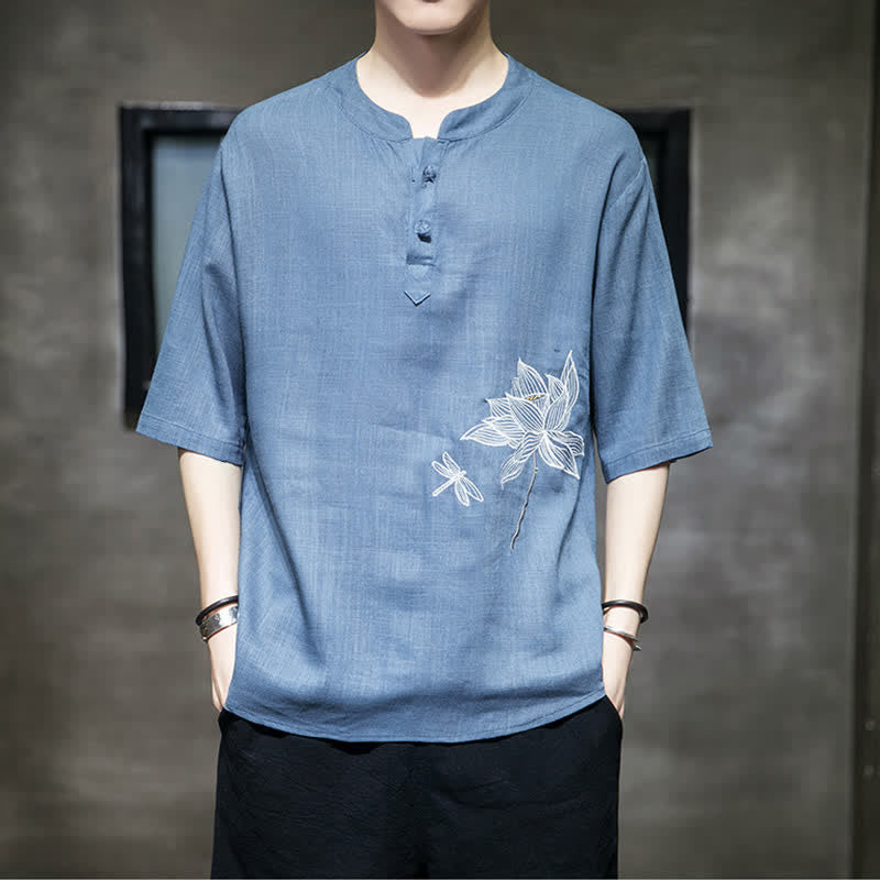 Buddha Stones Camiseta de manga corta para hombre con estampado de libélula de loto bordada de verano y botones de rana china - image 21