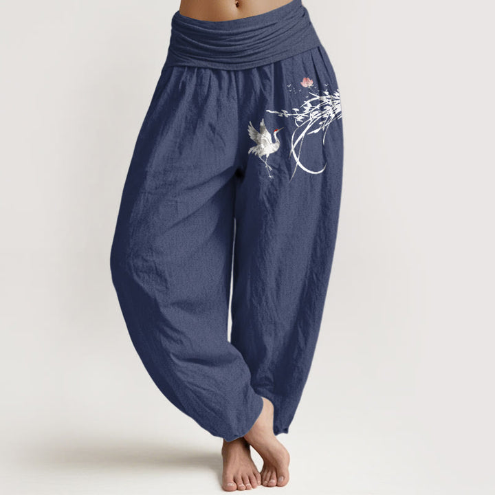 Buddha Stones Pantalones harén de algodón puro con cintura elástica para mujer, diseño minimalista, con estampado de hojas y ramas de loto y grulla - Azul pizarra oscuro - US16，UK/AU20，EU48 (3XL) - image 8