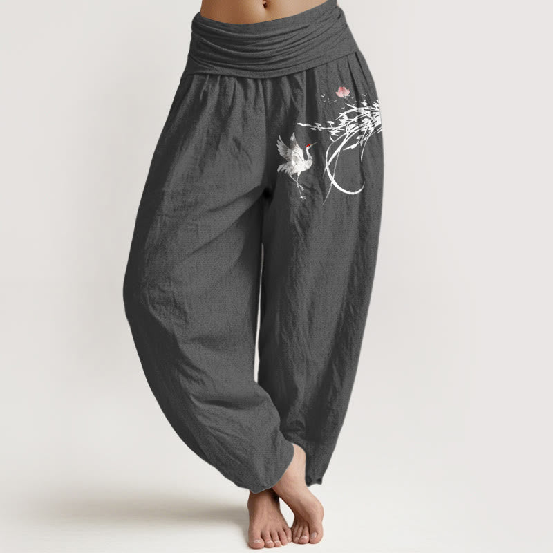 Buddha Stones Pantalones harén de algodón puro con cintura elástica para mujer, diseño minimalista, con estampado de hojas y ramas de loto y grulla - Gris oscuro - US16，UK/AU20，EU48 (3XL) - image 11