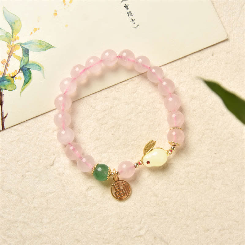 Año del Conejo Pulsera de Felicidad Amor Conejito Ágata Verde Cristal Rosa Natural - image 6