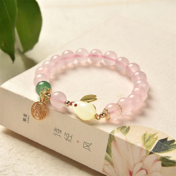 Año del Conejo Pulsera de Felicidad Amor Conejito Ágata Verde Cristal Rosa Natural - Cristal rosa (Calidez relajante) - image 0