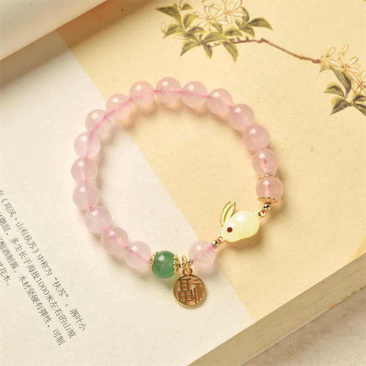 Año del Conejo Pulsera de Felicidad Amor Conejito Ágata Verde Cristal Rosa Natural - image 5