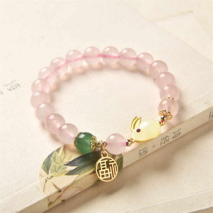 Año del Conejo Pulsera de Felicidad Amor Conejito Ágata Verde Cristal Rosa Natural - image 1