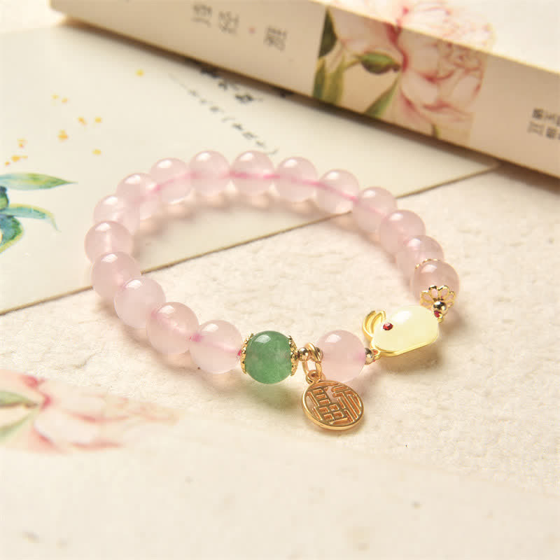 Año del Conejo Pulsera de Felicidad Amor Conejito Ágata Verde Cristal Rosa Natural - image 3
