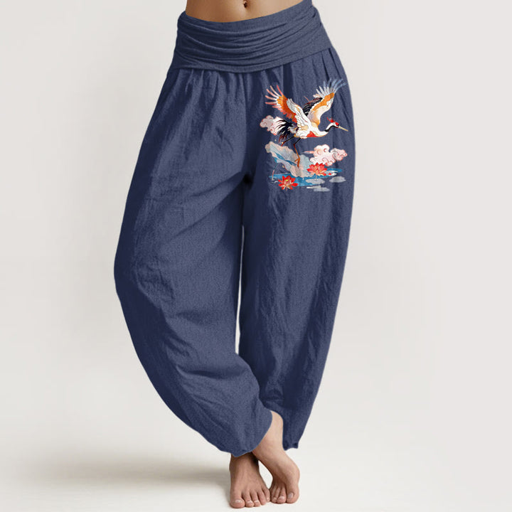Buddha Stones Pantalones harén de algodón puro con estampado de hojas de loto, flores y nubes para mujer, cintura elástica - Azul pizarra oscuro - US16，UK/AU20，EU48 (3XL) - image 5