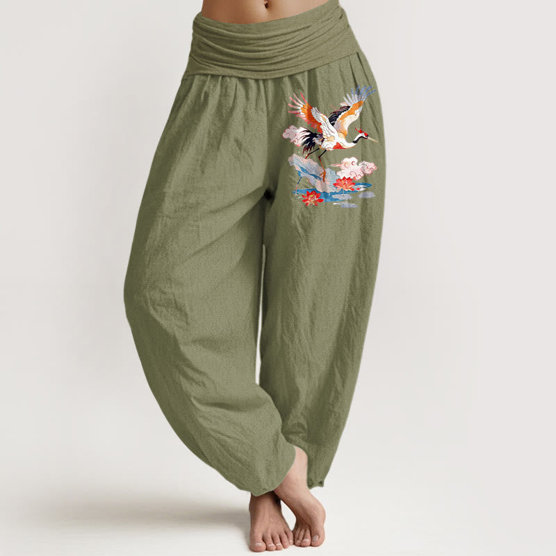 Buddha Stones Pantalones harén de algodón puro con estampado de hojas de loto, flores y nubes para mujer, cintura elástica - Verde oliva - US16，UK/AU20，EU48 (3XL) - image 14