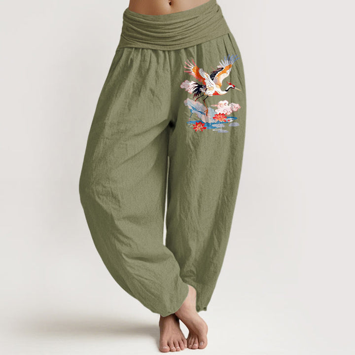 Buddha Stones Pantalones harén de algodón puro con estampado de hojas de loto, flores y nubes para mujer, cintura elástica - Verde oliva - US16，UK/AU20，EU48 (3XL) - image 14